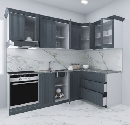 Produs în România - Set bucatarie SPACE COLT 240x140 cm, 9 corpuri, blat termorezistent, fronturi MDF, antracit