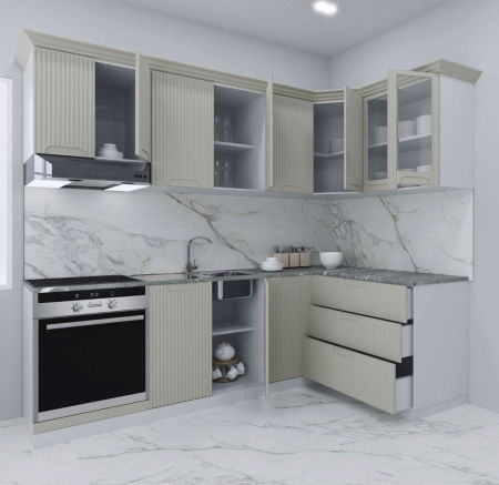 Bucatarii Moderne - Set bucatarie SPACE COLT 240x140 cm, 9 corpuri, blat termorezistent, fronturi MDF, crem