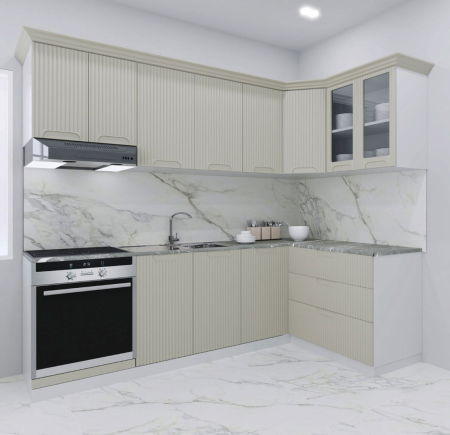 Bucatarii Moderne - Set bucatarie SPACE COLT 240x140 cm, 9 corpuri, blat termorezistent, fronturi MDF, crem