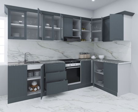 Bucatarii Moderne - Set bucatarie SPACE COLT 300x140 cm, 11 corpuri, blat termorezistent, fronturi MDF, antracit