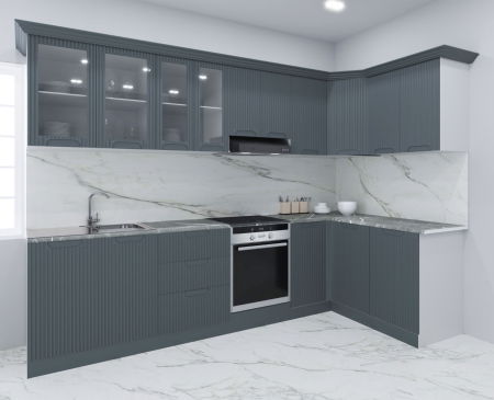 Bucatarii Moderne - Set bucatarie SPACE COLT 300x140 cm, 11 corpuri, blat termorezistent, fronturi MDF, antracit