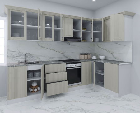 Bucatarii Moderne - Set bucatarie SPACE COLT 300x140 cm, 11 corpuri, blat termorezistent, fronturi MDF, crem