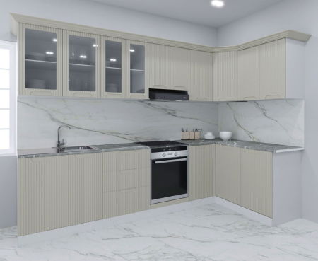 Bucatarii Moderne - Set bucatarie SPACE COLT 300x140 cm, 11 corpuri, blat termorezistent, fronturi MDF, crem