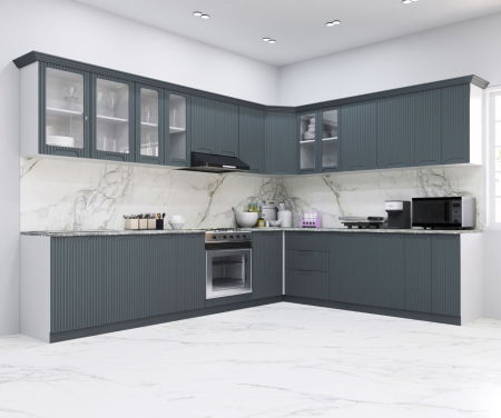 Bucatarii Moderne - Set bucatarie SPACE COLT 300x250 cm, 15 corpuri, blat termorezistent, fronturi MDF, antracit