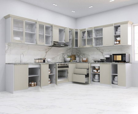 Bucatarii Moderne - Set bucatarie SPACE COLT 300x250 cm, 15 corpuri, blat termorezistent, fronturi MDF, crem