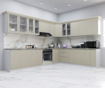 Bucatarii Moderne - Set bucatarie SPACE COLT 300x250 cm, 15 corpuri, blat termorezistent, fronturi MDF, crem