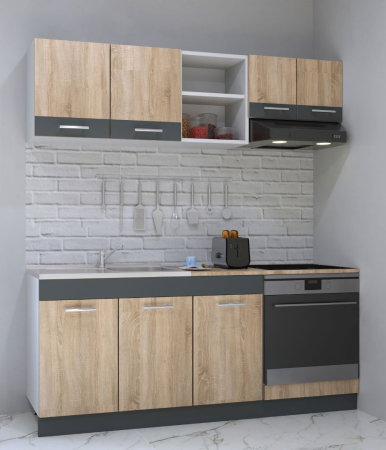 Produs în România - Set bucatarie SARONA 180 cm, 4 corpuri, corp cuptor, blat PAL, sonoma+antracit