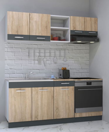 Produs în România - Set bucatarie SARONA 180 cm, 4 corpuri, corp cuptor, cu sertar, blat PAL, sonoma+antracit