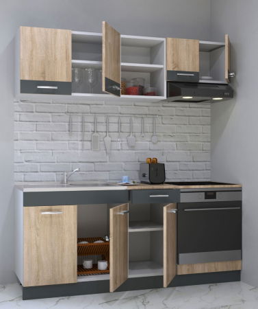 Produs în România - Set bucatarie SARONA 180 cm, 4 corpuri, corp cuptor, cu sertar, blat PAL, sonoma+antracit