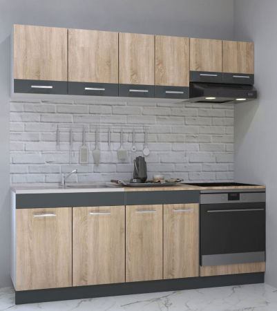 Produs în România - Set bucatarie SARONA 200 cm, 6 corpuri, corp cuptor, blat PAL, sonoma+antracit