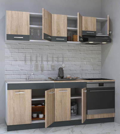 Produs în România - Set bucatarie SARONA 200 cm, 6 corpuri, corp cuptor, blat PAL, sonoma+antracit