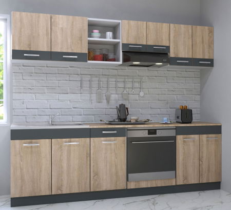 Produs în România - Set bucatarie SARONA 240 cm, 6 corpuri, corp cuptor, blat PAL, sonoma+antracit