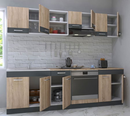 Produs în România - Set bucatarie SARONA 240 cm, 6 corpuri, corp cuptor, blat PAL, sonoma+antracit