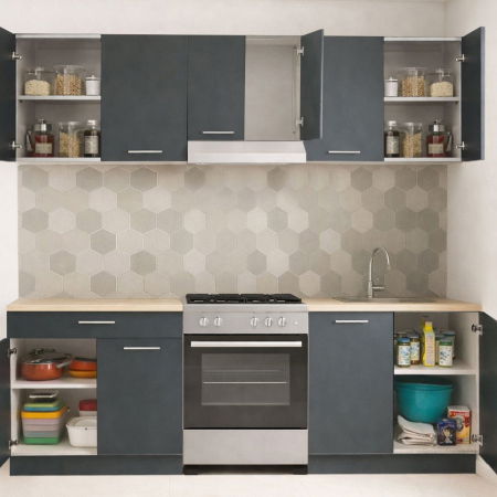 Produs în România - Set bucatarie GERMANIA 220 cm, 5 corpuri, 1 sertar, blat gros, antracit