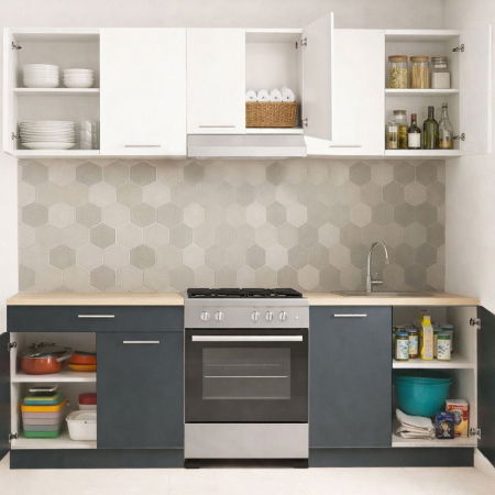 Bucatarii Moderne - Set bucatarie GERMANIA 220 cm, 5 corpuri, 1 sertar, blat gros, antracit + alb