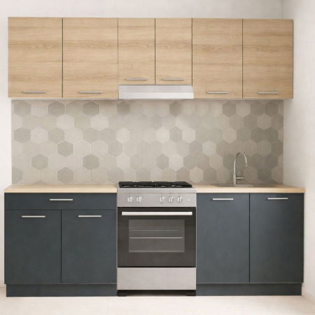 Produs în România - Set bucatarie GERMANIA 220 cm, 5 corpuri, 1 sertar, blat gros, antracit + sonoma