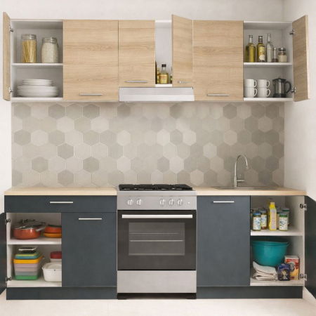 Produs în România - Set bucatarie GERMANIA 220 cm, 5 corpuri, 1 sertar, blat gros, antracit + sonoma