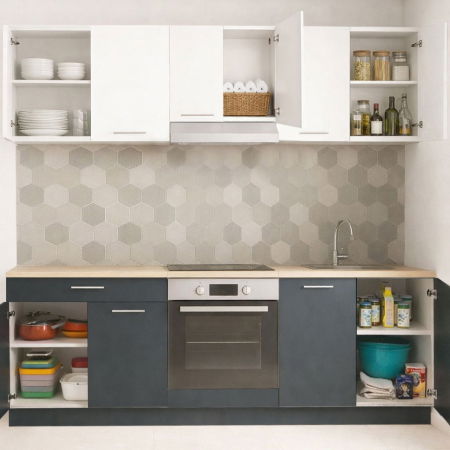 Bucatarii Moderne - Set bucatarie GERMANIA 220 cm, 6 corpuri, corp cuptor, 1 sertar, blat gros, antracit + alb