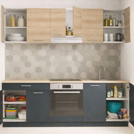 Bucatarii Moderne - Set bucatarie GERMANIA 220 cm, 6 corpuri, corp cuptor, 1 sertar, blat gros, antracit + sonoma