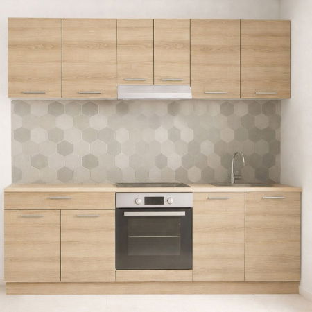 Bucatarii Moderne - Set bucatarie GERMANIA 220 cm, 6 corpuri, corp cuptor, 1 sertar, blat gros, sonoma