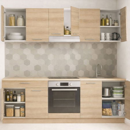 Bucatarii Moderne - Set bucatarie GERMANIA 220 cm, 6 corpuri, corp cuptor, 1 sertar, blat gros, sonoma