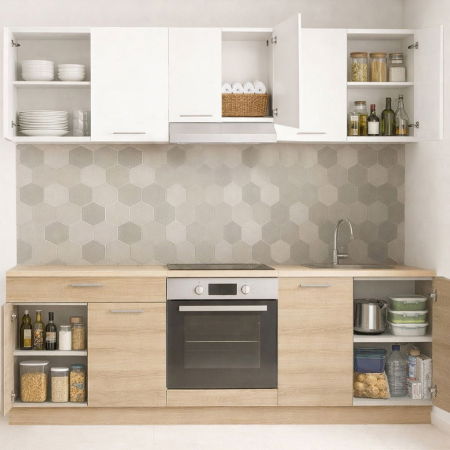 Bucatarii Moderne - Set bucatarie GERMANIA 220 cm, 6 corpuri, corp cuptor, 1 sertar, blat gros, sonoma + alb