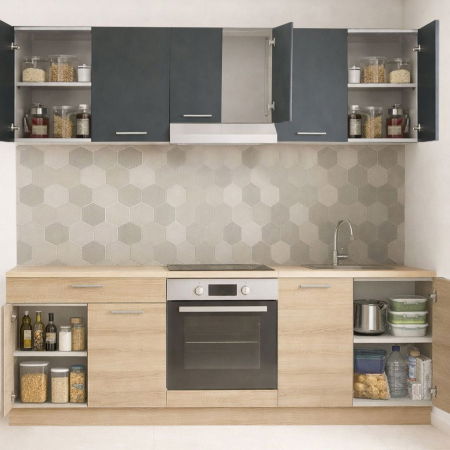 Bucatarii Moderne - Set bucatarie GERMANIA 220 cm, 6 corpuri, corp cuptor, 1 sertar, blat gros, sonoma + antracit