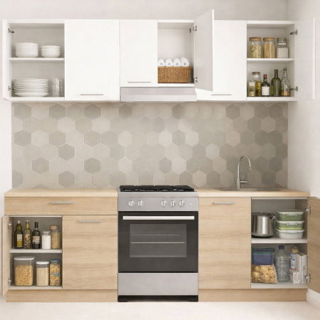 Bucatarii Moderne - Set bucatarie GERMANIA 220 cm, 5 corpuri, 1 sertar, blat gros, sonoma + alb