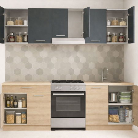 Bucatarii Moderne - Set bucatarie GERMANIA 220 cm, 5 corpuri, 1 sertar, blat gros, sonoma + antracit