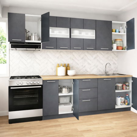 Bucatarii Moderne - Set bucatarie GERMANIA 260 cm, 7 corpuri, 3 sertare, blat gros, antracit