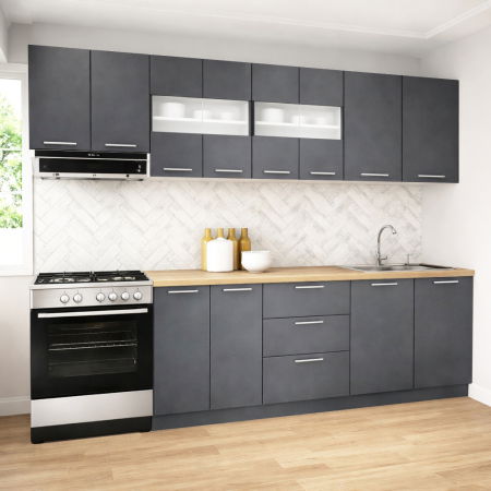 Bucatarii Moderne - Set bucatarie GERMANIA 260 cm, 7 corpuri, 3 sertare, blat gros, antracit