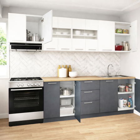 Bucatarii Moderne - Set bucatarie GERMANIA 260 cm, 7 corpuri, 3 sertare, blat gros, antracit + alb