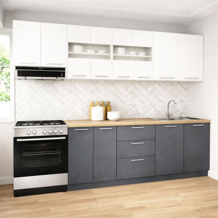 Bucatarii Moderne - Set bucatarie GERMANIA 260 cm, 7 corpuri, 3 sertare, blat gros, antracit + alb