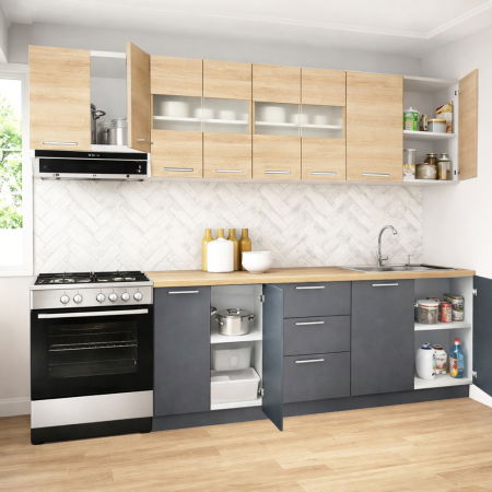 Bucatarii Moderne - Set bucatarie GERMANIA 260 cm, 7 corpuri, 3 sertare, blat gros, antracit + sonoma