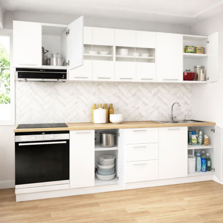 Bucatarii Moderne - Set bucatarie GERMANIA 260 cm, 8 corpuri, corp cuptor, 3 sertare, blat gros, alb