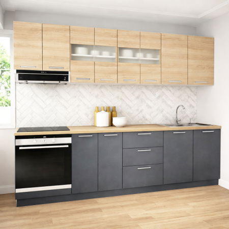 Bucatarii Moderne - Set bucatarie GERMANIA 260 cm, 8 corpuri, corp cuptor, 3 sertare, blat gros, antracit + sonoma