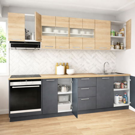 Bucatarii Moderne - Set bucatarie GERMANIA 260 cm, 8 corpuri, corp cuptor, 3 sertare, blat gros, antracit + sonoma