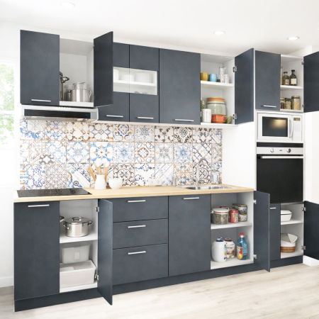 Bucatarii Moderne - Set bucatarie GERMANIA 260 cm, 7 corpuri, corp cuptor-cuptor microunde, 3 sertare, blat gros, antracit