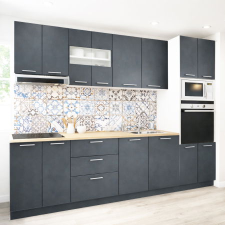 Bucatarii Moderne - Set bucatarie GERMANIA 260 cm, 7 corpuri, corp cuptor-cuptor microunde, 3 sertare, blat gros, antracit