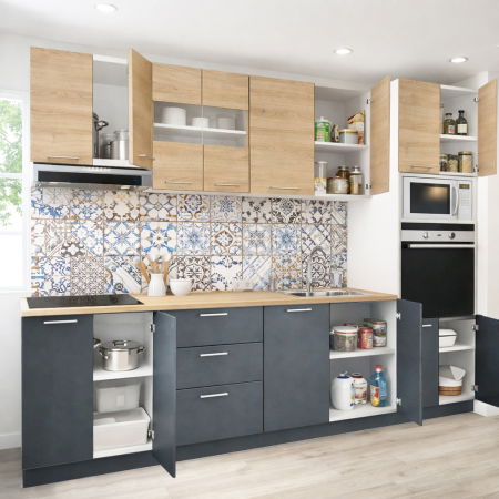 Bucatarii Moderne - Set bucatarie GERMANIA 260 cm, 7 corpuri, corp cuptor-cuptor microunde, 3 sertare, blat gros, antracit + sonoma