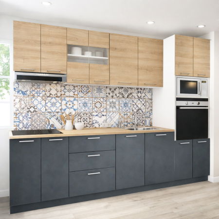 Bucatarii Moderne - Set bucatarie GERMANIA 260 cm, 7 corpuri, corp cuptor-cuptor microunde, 3 sertare, blat gros, antracit + sonoma