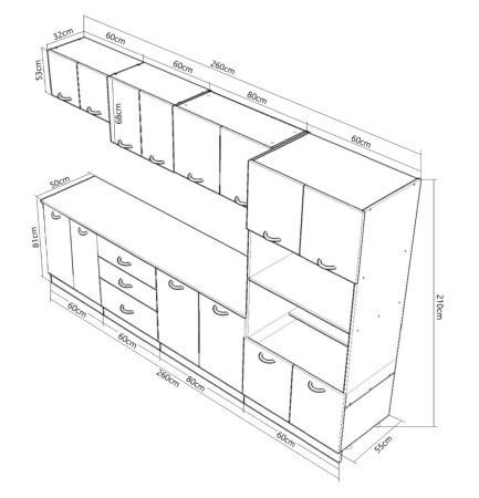 Bucatarii Moderne - Set bucatarie GERMANIA 260 cm, 7 corpuri, corp cuptor-cuptor microunde, 3 sertare, blat gros, sonoma