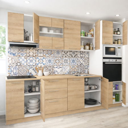 Bucatarii Moderne - Set bucatarie GERMANIA 260 cm, 7 corpuri, corp cuptor-cuptor microunde, 3 sertare, blat gros, sonoma