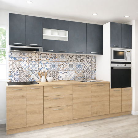 Bucatarii Moderne - Set bucatarie GERMANIA 260 cm, 7 corpuri, corp cuptor-cuptor microunde, 3 sertare, blat gros, sonoma + antracit