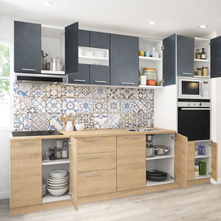 Bucatarii Moderne - Set bucatarie GERMANIA 260 cm, 7 corpuri, corp cuptor-cuptor microunde, 3 sertare, blat gros, sonoma + antracit