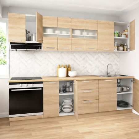 Bucatarii Moderne - Set bucatarie GERMANIA 260 cm, 8 corpuri, corp cuptor, 3 sertare, blat gros, sonoma