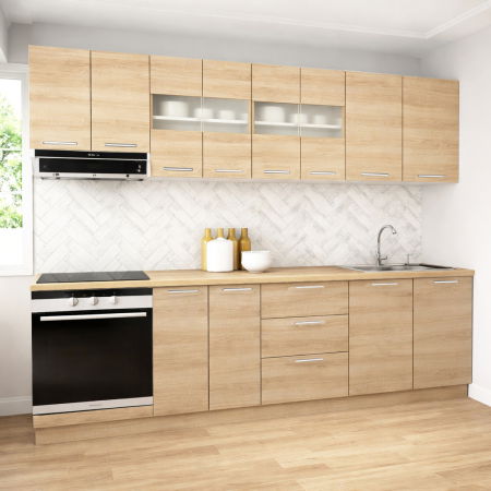 Bucatarii Moderne - Set bucatarie GERMANIA 260 cm, 8 corpuri, corp cuptor, 3 sertare, blat gros, sonoma