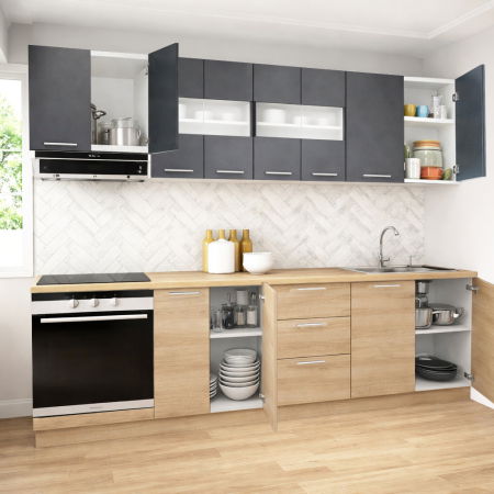 Bucatarii Moderne - Set bucatarie GERMANIA 260 cm, 8 corpuri, corp cuptor, 3 sertare, blat gros, sonoma + antracit