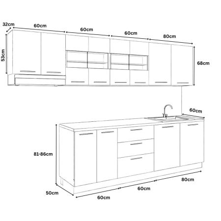 Bucatarii Moderne - Set bucatarie GERMANIA 260 cm, 7 corpuri, 3 sertare, blat gros, sonoma