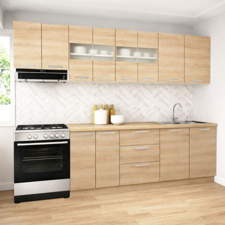 Bucatarii Moderne - Set bucatarie GERMANIA 260 cm, 7 corpuri, 3 sertare, blat gros, sonoma